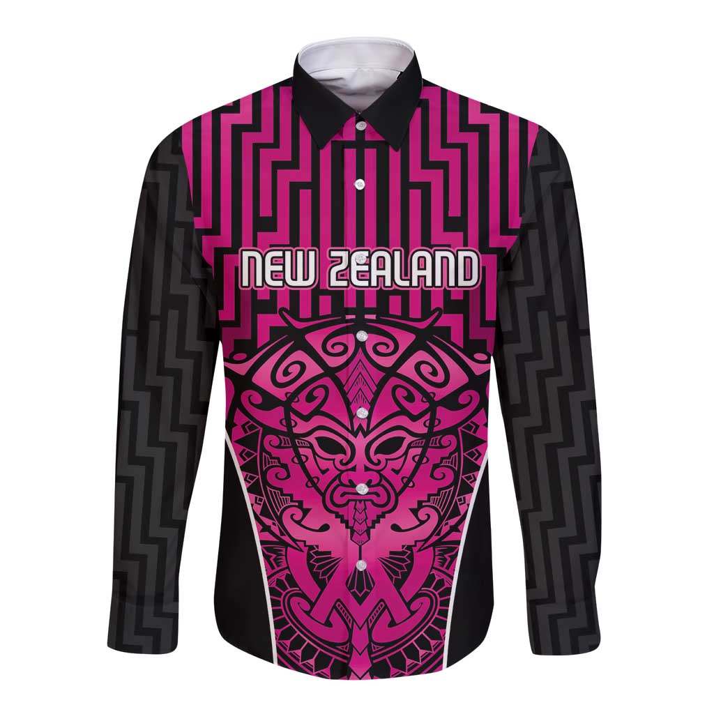 Custom Basketball New Zealand Long Sleeve Button Shirt Pink Maori Ta Moko Indigenous - Polynesian Pride