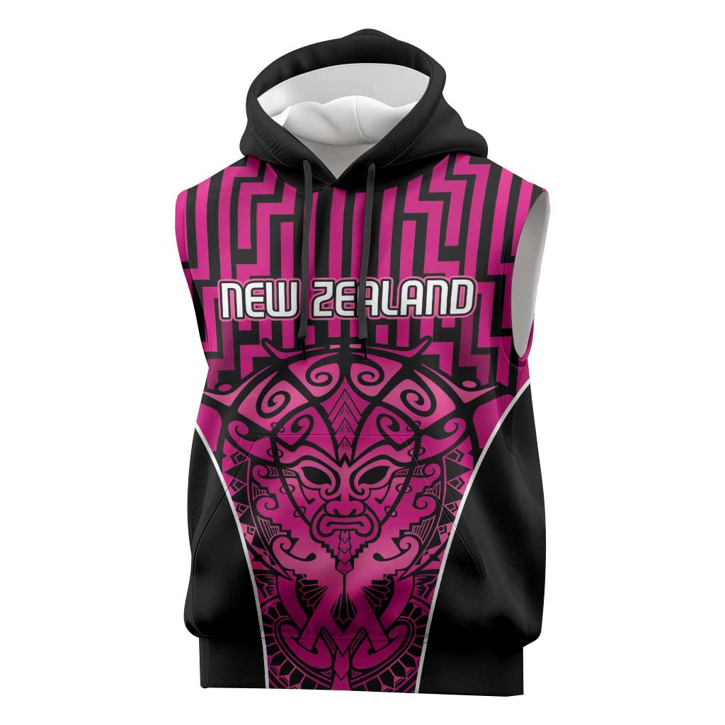 Custom Basketball New Zealand Sleeveless Hoodie Pink Maori Ta Moko Indigenous - Polynesian Pride