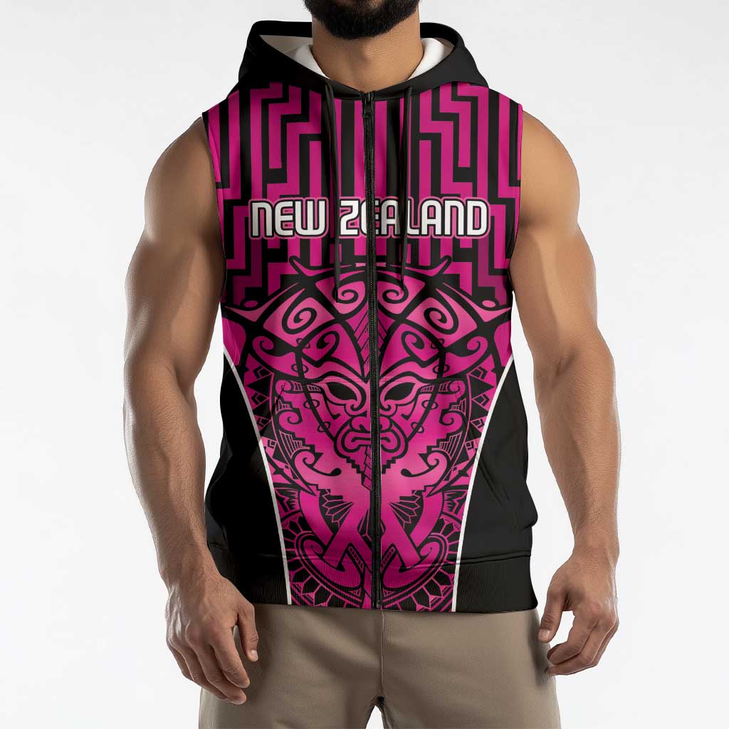 Custom Basketball New Zealand Sleeveless Zip Hoodie Pink Maori Ta Moko Indigenous - Polynesian Pride