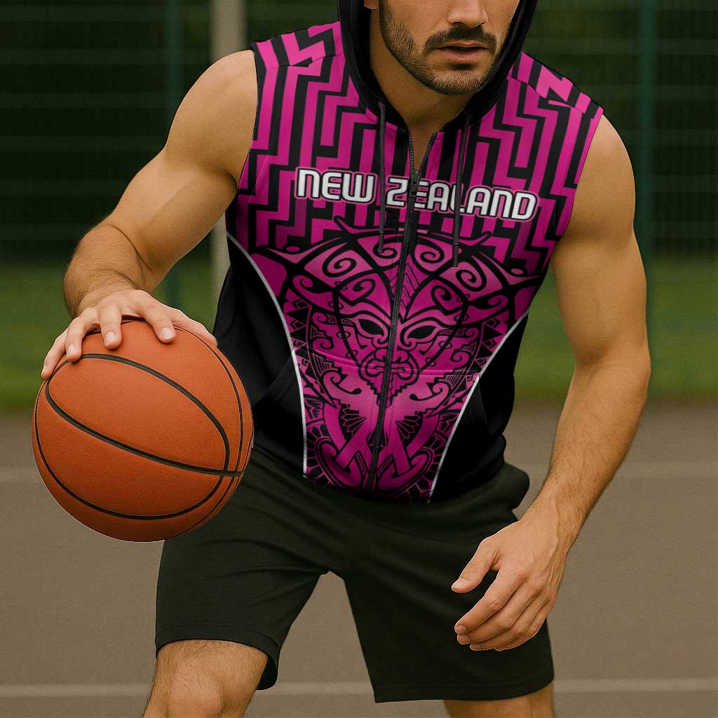 Custom Basketball New Zealand Sleeveless Zip Hoodie Pink Maori Ta Moko Indigenous - Polynesian Pride