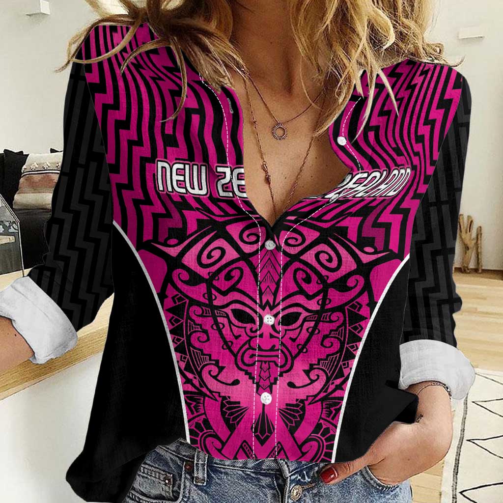 Custom Basketball New Zealand Women Casual Shirt Pink Maori Ta Moko Indigenous - Polynesian Pride