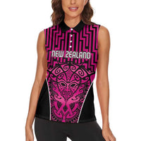Custom Basketball New Zealand Women Sleeveless Polo Shirt Pink Maori Ta Moko Indigenous - Polynesian Pride