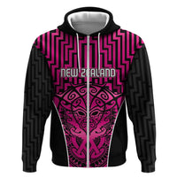 Custom Basketball New Zealand Zip Hoodie Pink Maori Ta Moko Indigenous - Polynesian Pride