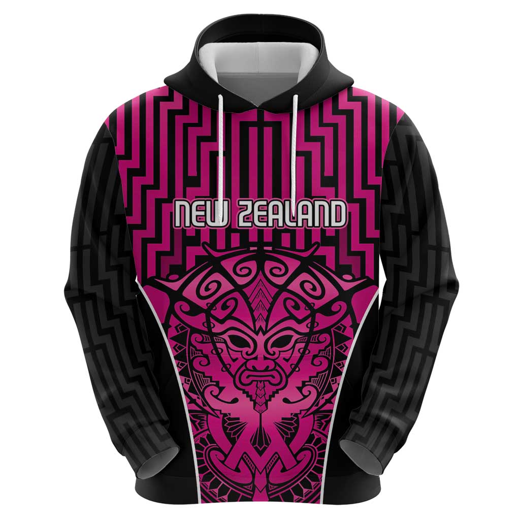 Custom Basketball New Zealand Zip Hoodie Pink Maori Ta Moko Indigenous - Polynesian Pride