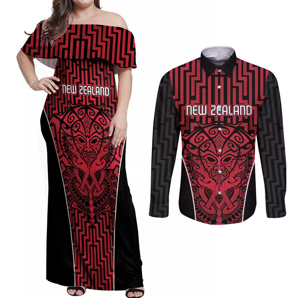 Custom Basketball New Zealand Couples Matching Off Shoulder Maxi Dress and Long Sleeve Button Shirt Red Maori Ta Moko Indigenous - Polynesian Pride