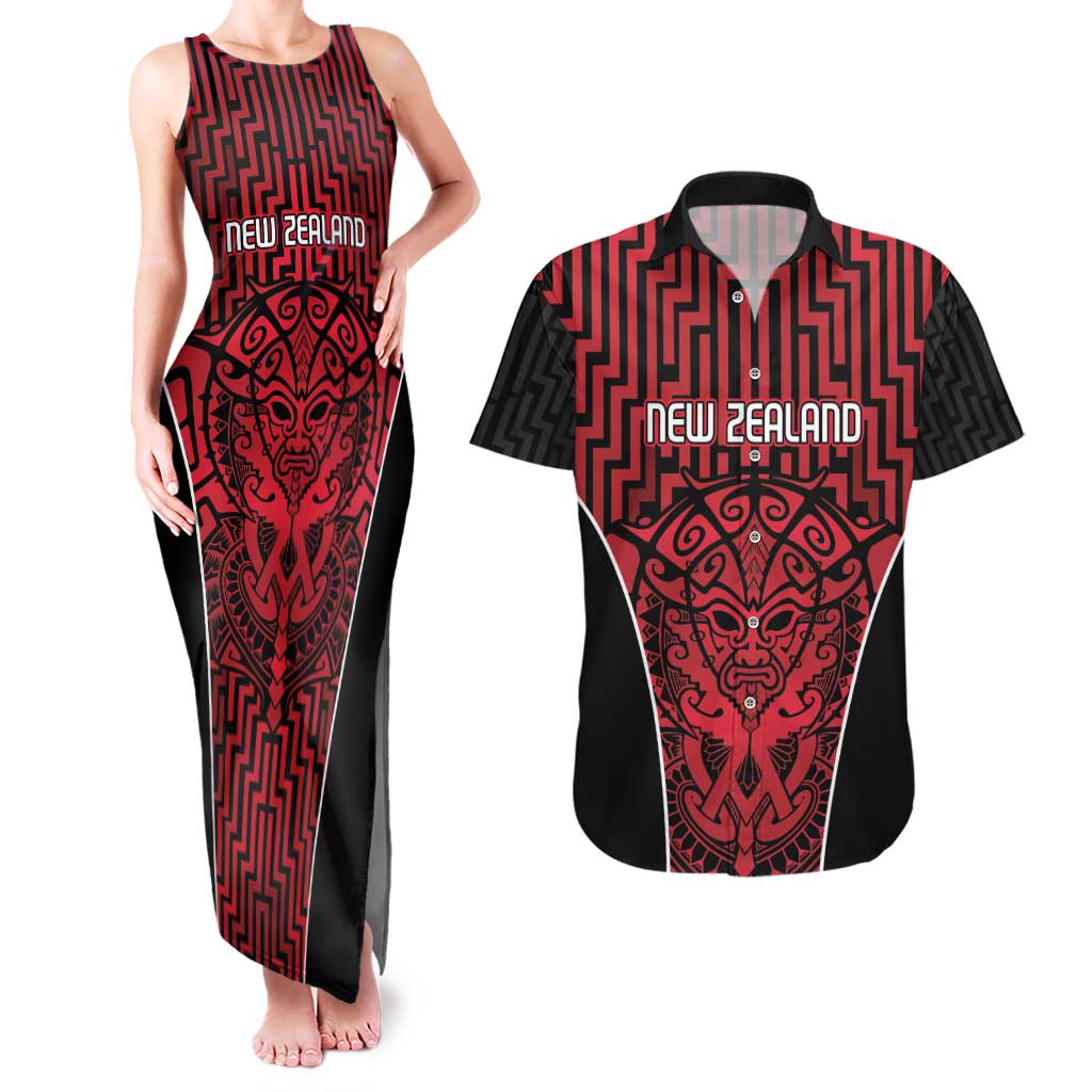 Custom Basketball New Zealand Couples Matching Tank Maxi Dress and Hawaiian Shirt Red Maori Ta Moko Indigenous - Polynesian Pride