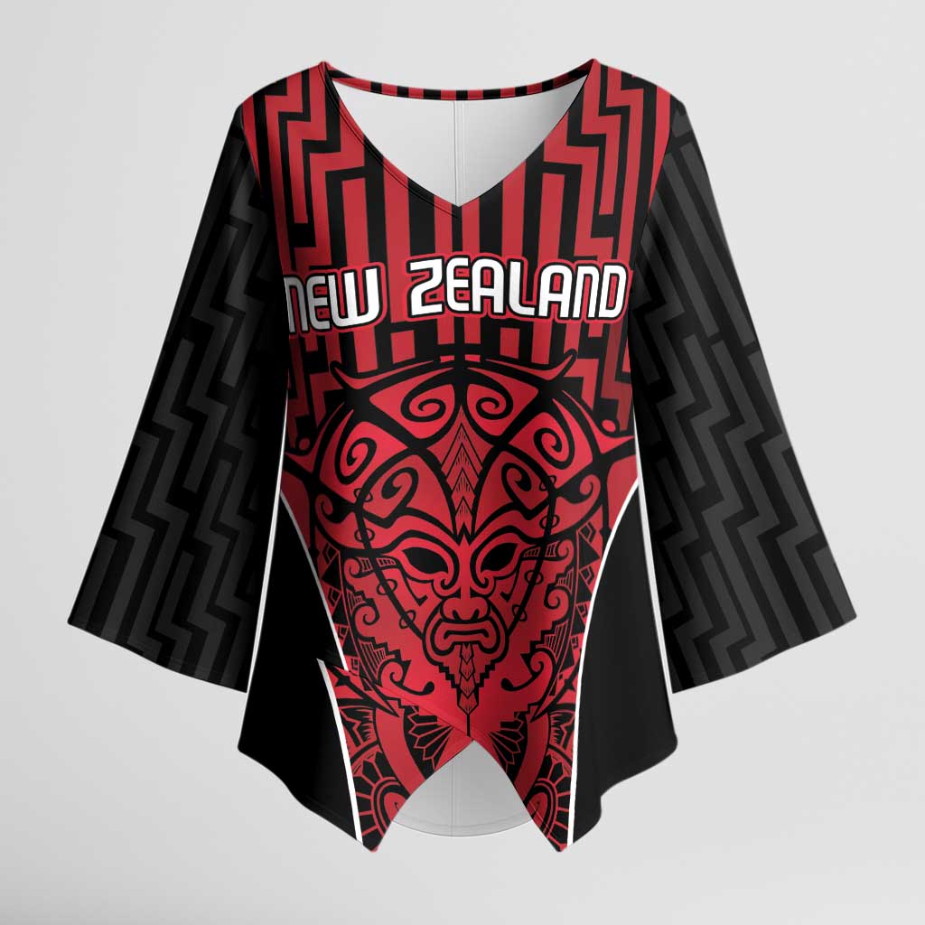 Custom Basketball New Zealand Kimono Sleeve Blouse Red Maori Ta Moko Indigenous - Polynesian Pride