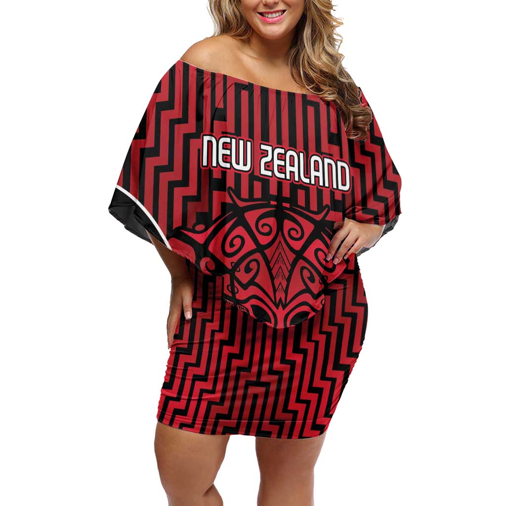 Custom Basketball New Zealand Off Shoulder Short Dress Red Maori Ta Moko Indigenous - Polynesian Pride