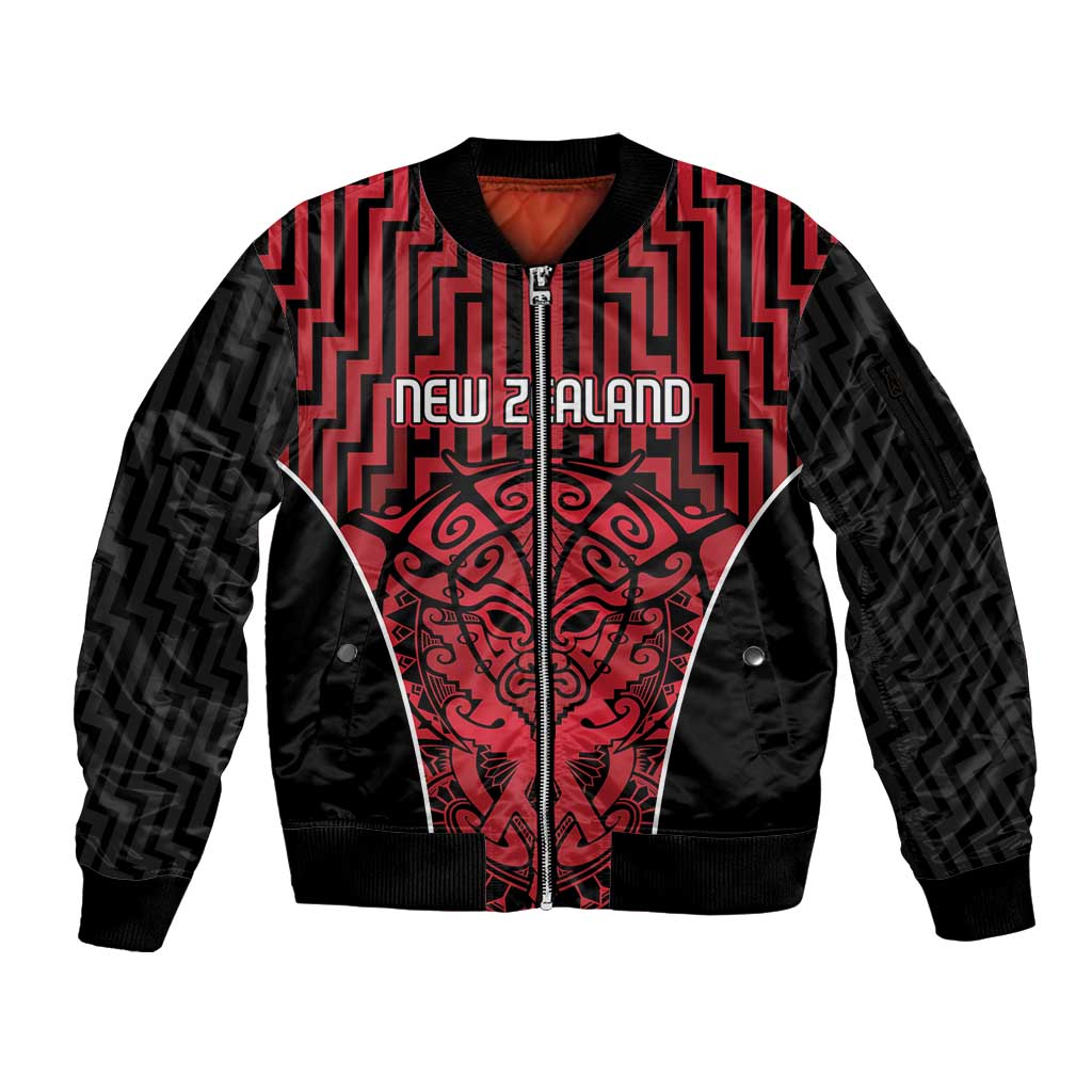 Custom Basketball New Zealand Sleeve Zip Bomber Jacket Red Maori Ta Moko Indigenous - Polynesian Pride