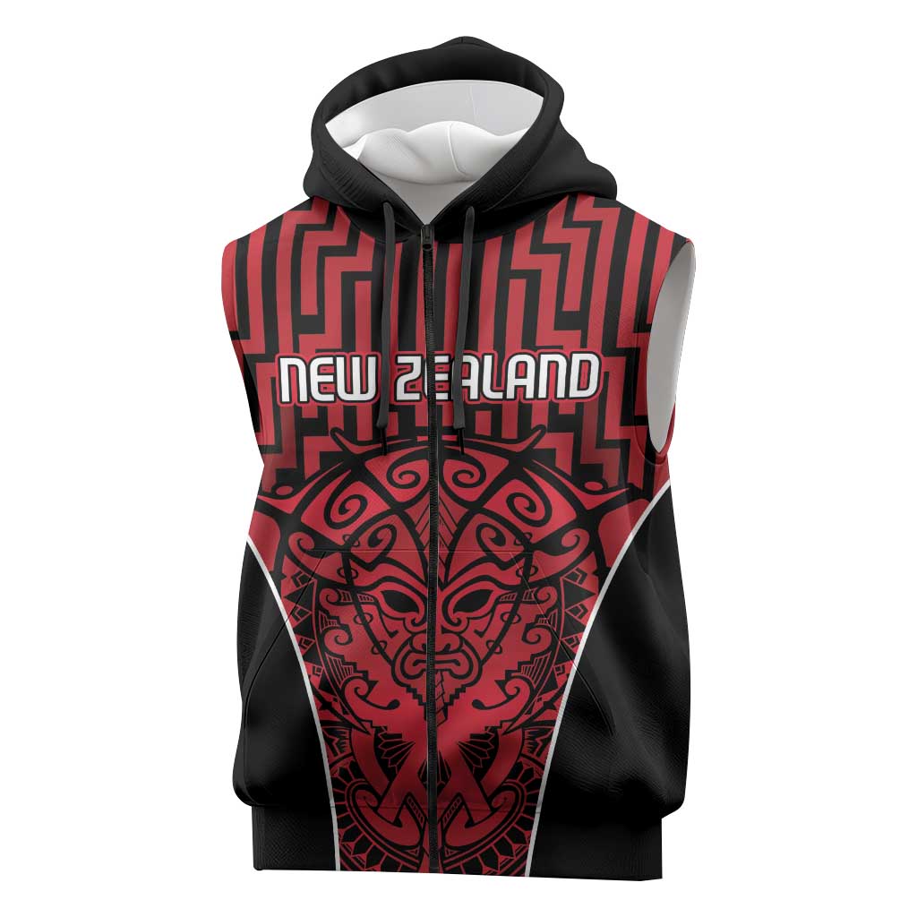 Custom Basketball New Zealand Sleeveless Zip Hoodie Red Maori Ta Moko Indigenous - Polynesian Pride