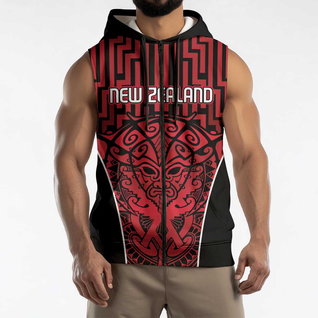 Custom Basketball New Zealand Sleeveless Zip Hoodie Red Maori Ta Moko Indigenous - Polynesian Pride