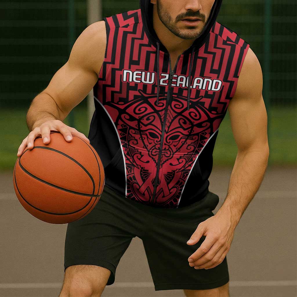 Custom Basketball New Zealand Sleeveless Zip Hoodie Red Maori Ta Moko Indigenous - Polynesian Pride