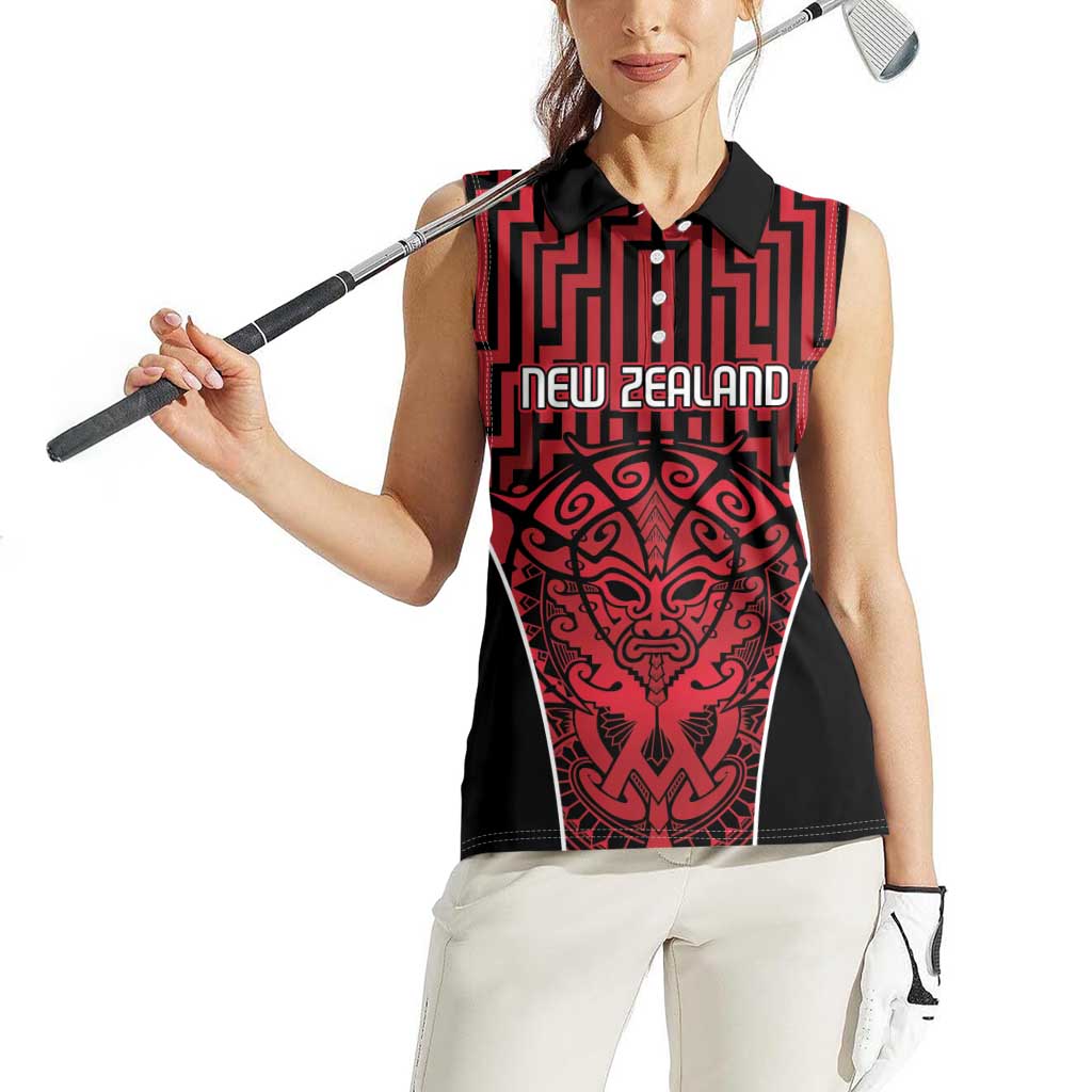 Custom Basketball New Zealand Women Sleeveless Polo Shirt Red Maori Ta Moko Indigenous - Polynesian Pride