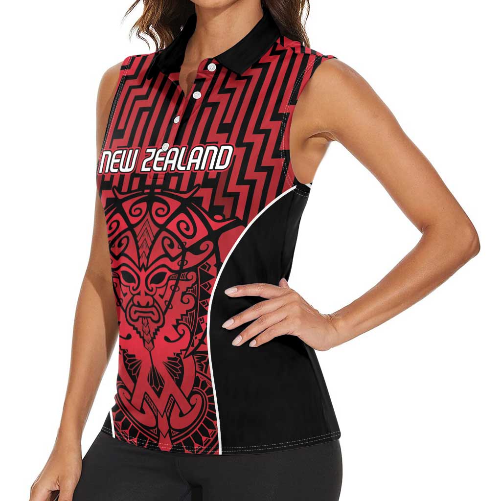 Custom Basketball New Zealand Women Sleeveless Polo Shirt Red Maori Ta Moko Indigenous - Polynesian Pride