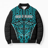 Custom Basketball New Zealand Bomber Puffer Jacket Teal Maori Ta Moko Indigenous - Polynesian Pride