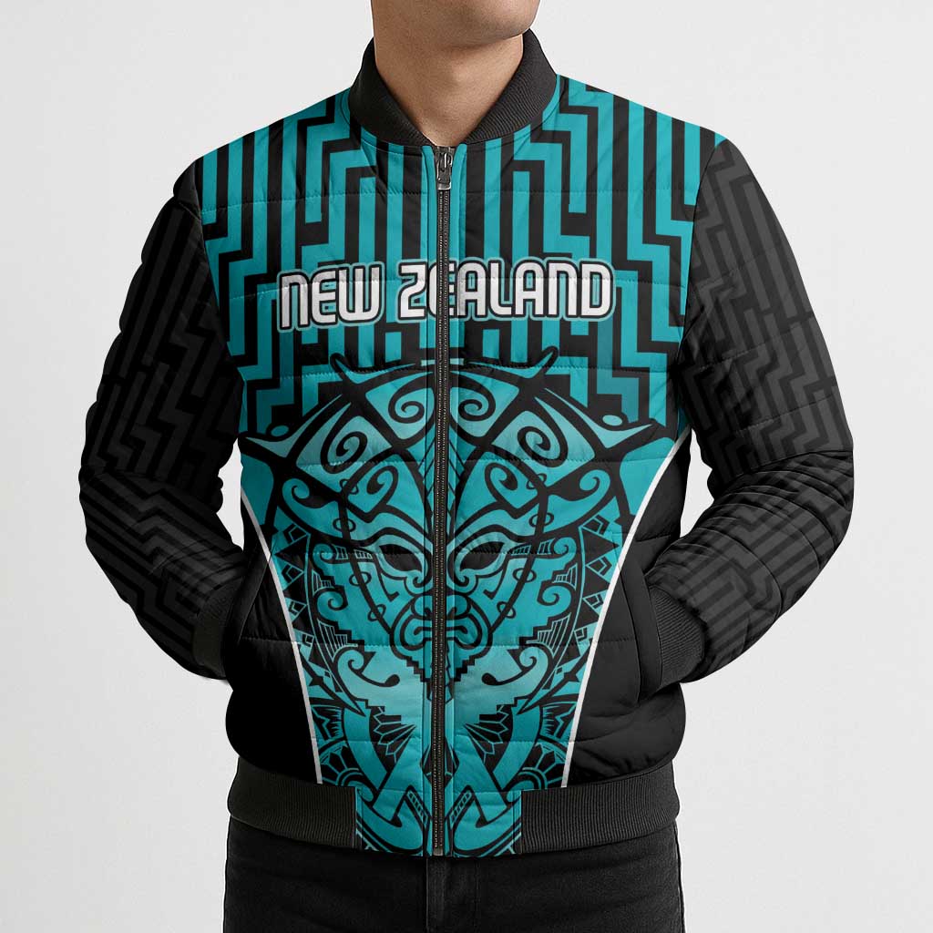 Custom Basketball New Zealand Bomber Puffer Jacket Teal Maori Ta Moko Indigenous - Polynesian Pride