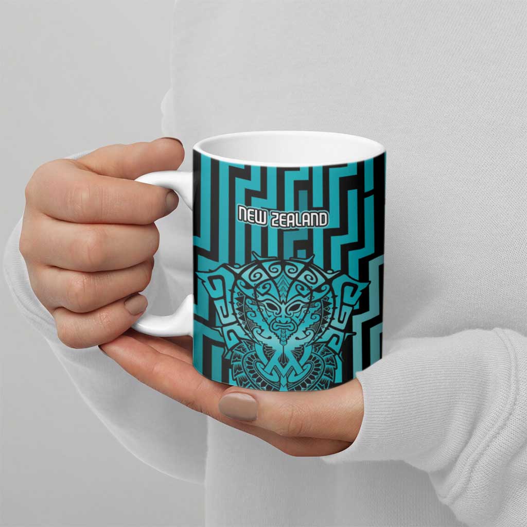 Custom Basketball New Zealand Ceramic Mug Teal Maori Ta Moko Indigenous - Polynesian Pride
