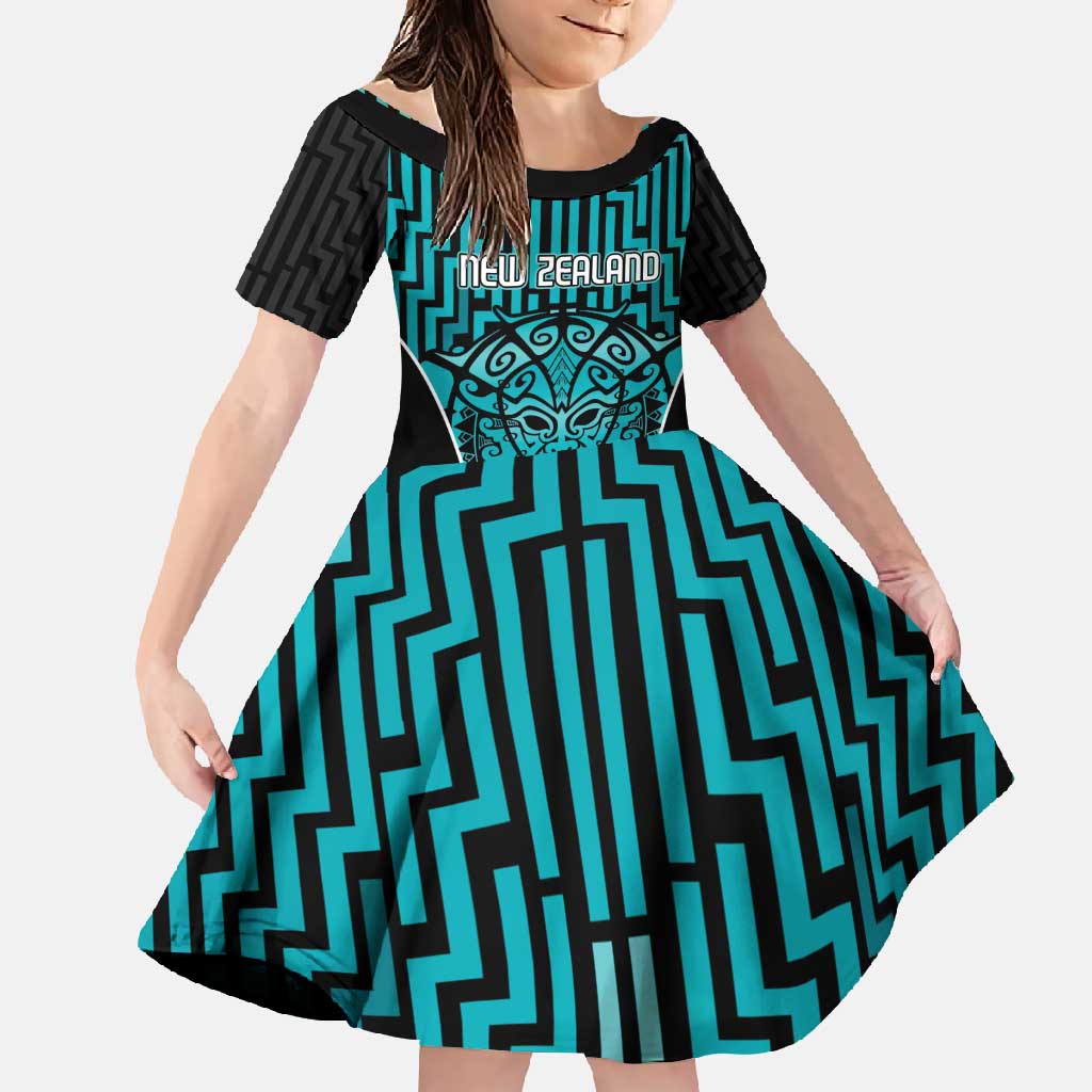 Custom Basketball New Zealand Family Matching Short Sleeve Bodycon Dress and Hawaiian Shirt Teal Maori Ta Moko Indigenous - Polynesian Pride