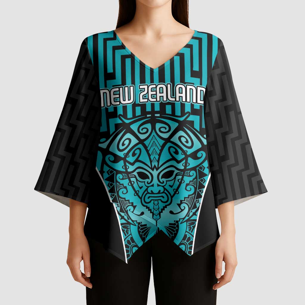 Custom Basketball New Zealand Kimono Sleeve Blouse Teal Maori Ta Moko Indigenous - Polynesian Pride