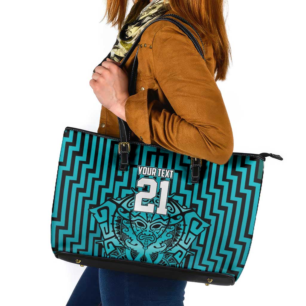 Custom Basketball New Zealand Leather Tote Bag Teal Maori Ta Moko Indigenous - Polynesian Pride