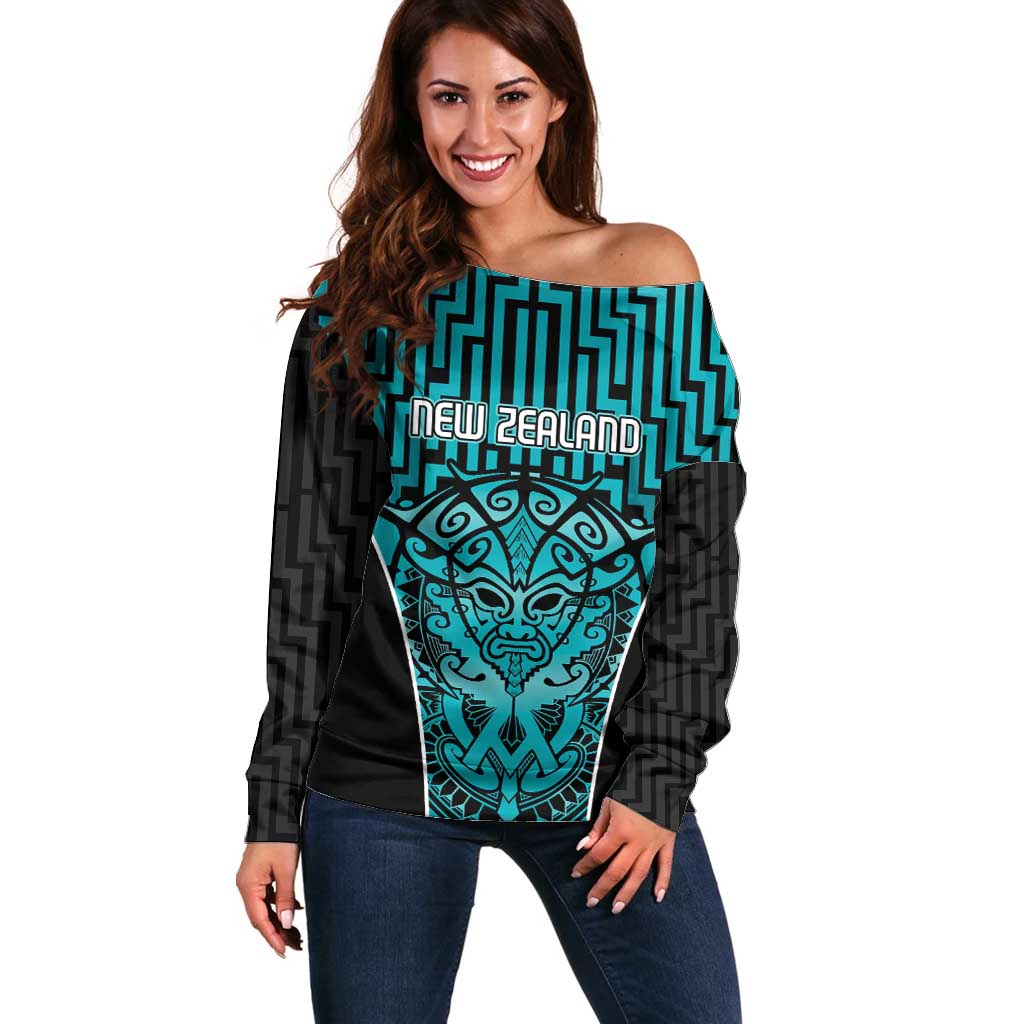 Custom Basketball New Zealand Off Shoulder Sweater Teal Maori Ta Moko Indigenous - Polynesian Pride