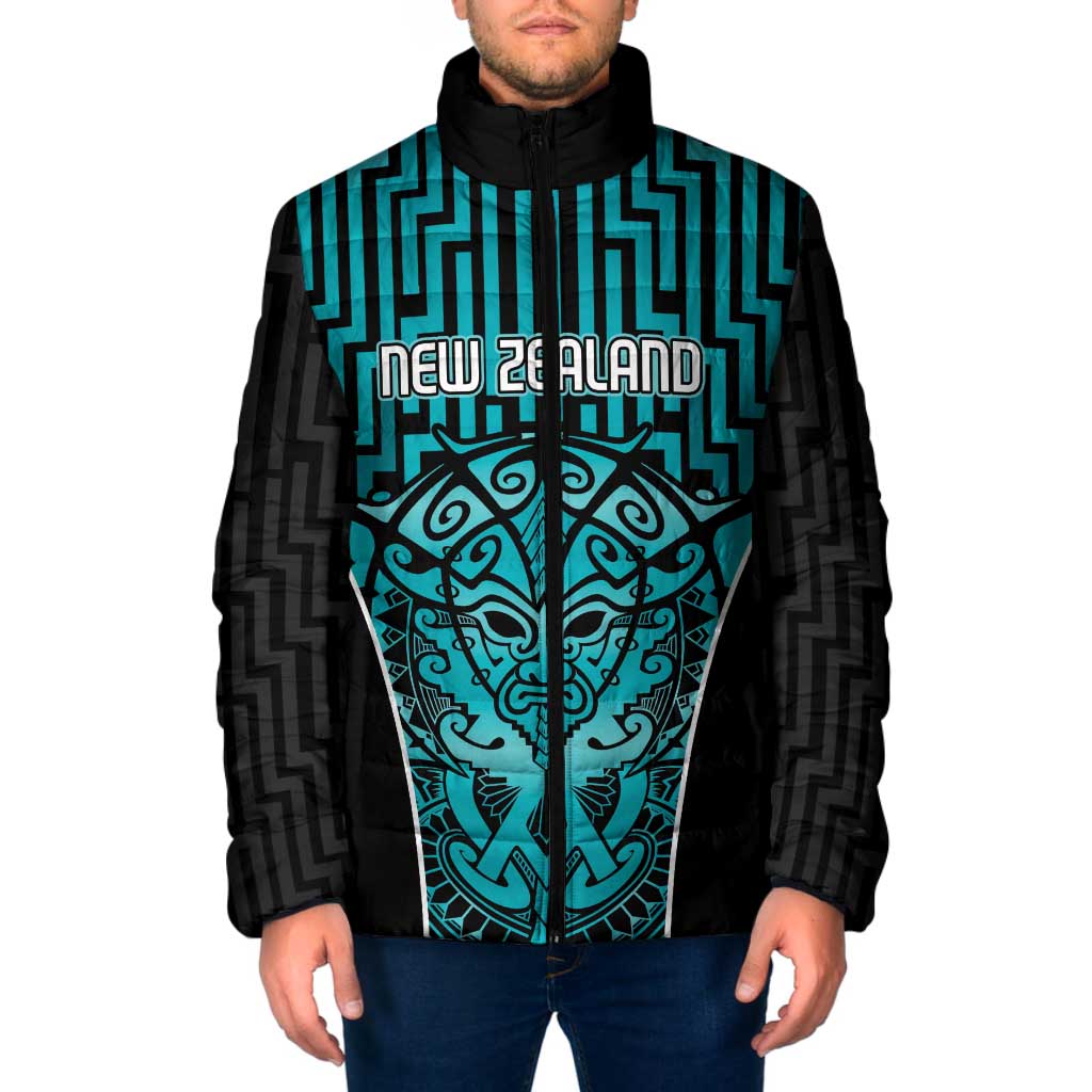 Custom Basketball New Zealand Padded Jacket Teal Maori Ta Moko Indigenous - Polynesian Pride