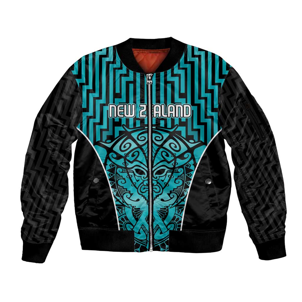 Custom Basketball New Zealand Sleeve Zip Bomber Jacket Teal Maori Ta Moko Indigenous - Polynesian Pride