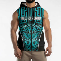 Custom Basketball New Zealand Sleeveless Zip Hoodie Teal Maori Ta Moko Indigenous - Polynesian Pride