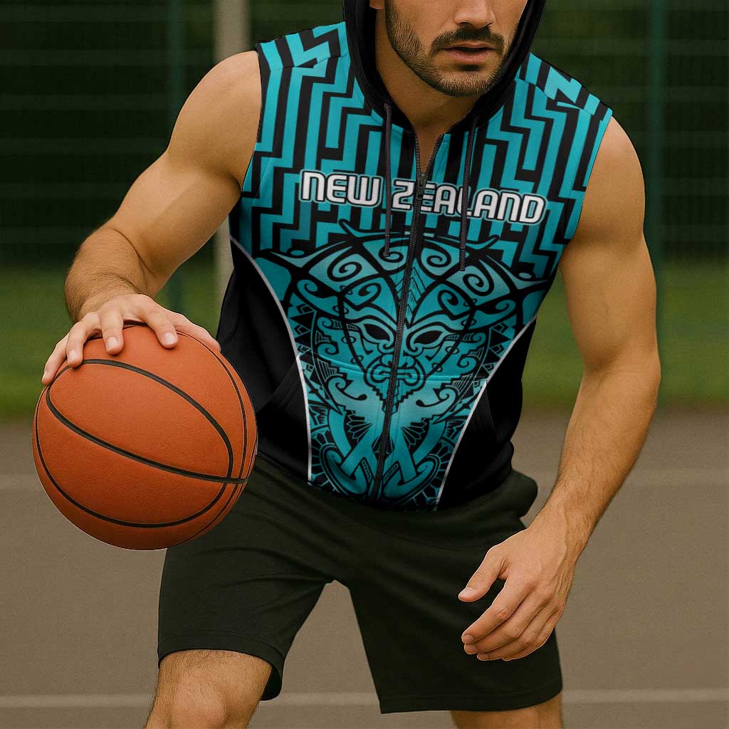 Custom Basketball New Zealand Sleeveless Zip Hoodie Teal Maori Ta Moko Indigenous - Polynesian Pride