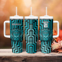 Custom Basketball New Zealand Tumbler With Handle Teal Maori Ta Moko Indigenous - Polynesian Pride