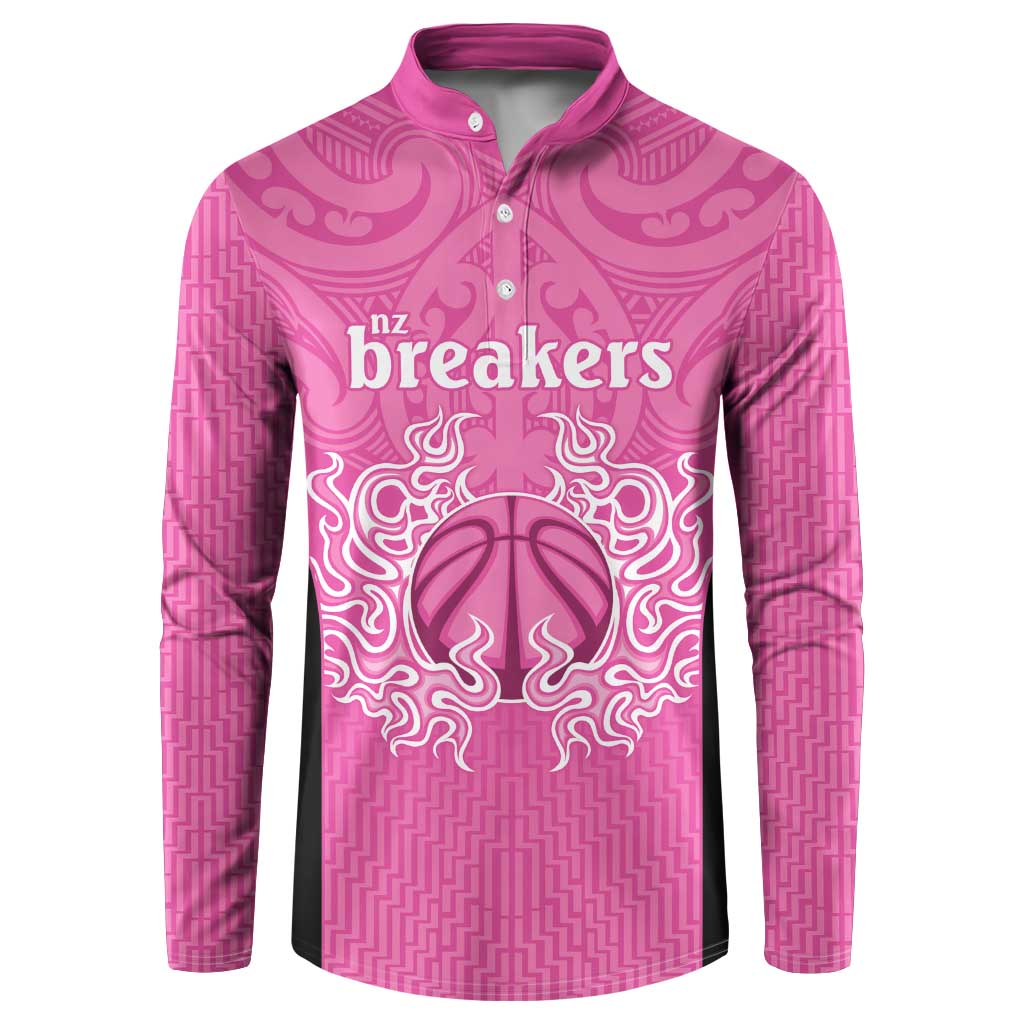 New Zealand Custom Button Sweatshirt Fire Basketball Maori Tribal Pink - Polynesian Pride