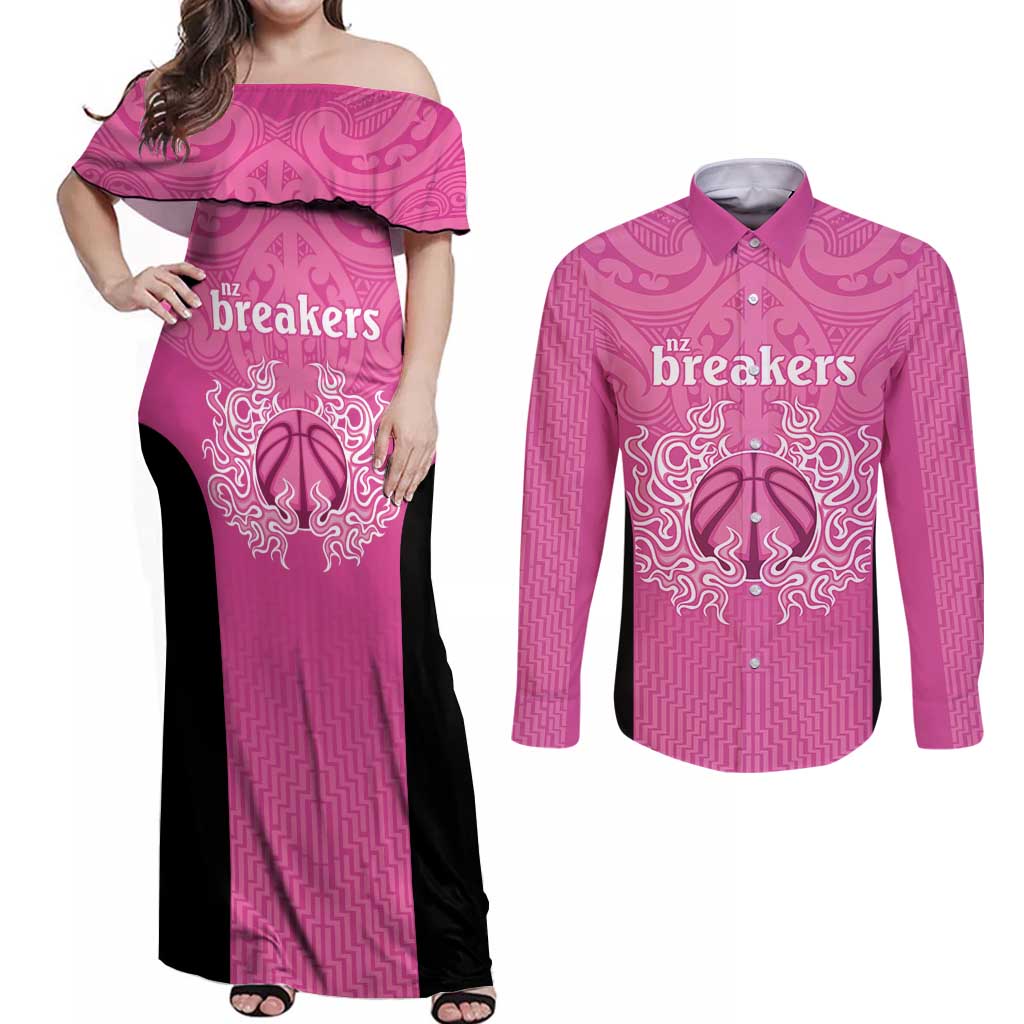 New Zealand Custom Couples Matching Off Shoulder Maxi Dress and Long Sleeve Button Shirt Fire Basketball Maori Tribal Pink - Polynesian Pride