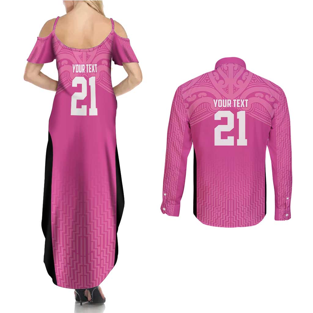 New Zealand Custom Couples Matching Summer Maxi Dress and Long Sleeve Button Shirt Fire Basketball Maori Tribal Pink - Polynesian Pride
