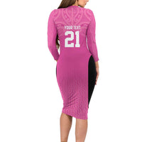 New Zealand Custom Family Matching Long Sleeve Bodycon Dress and Hawaiian Shirt Fire Basketball Maori Tribal Pink - Polynesian Pride