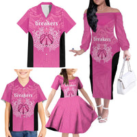 New Zealand Custom Family Matching Off The Shoulder Long Sleeve Dress and Hawaiian Shirt Fire Basketball Maori Tribal Pink - Polynesian Pride