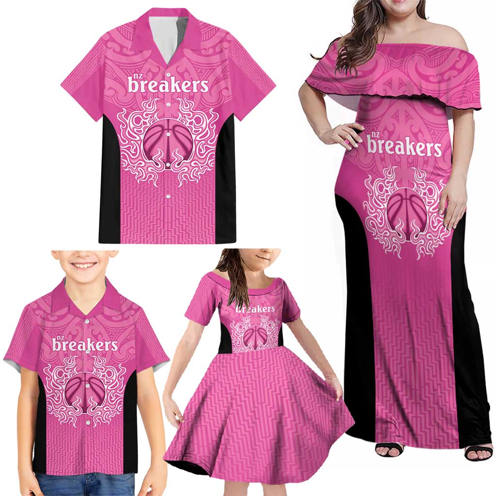 New Zealand Custom Family Matching Off Shoulder Maxi Dress and Hawaiian Shirt Fire Basketball Maori Tribal Pink - Polynesian Pride