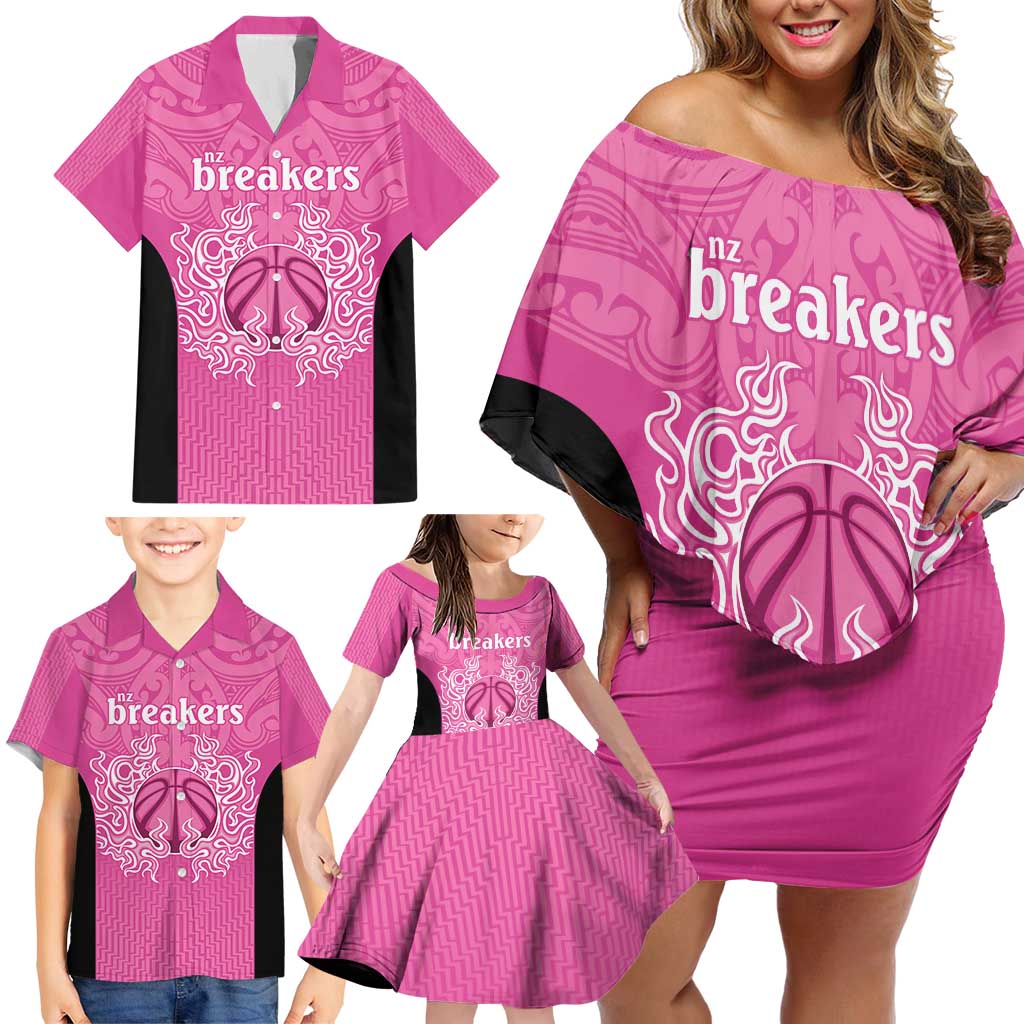 New Zealand Custom Family Matching Off Shoulder Short Dress and Hawaiian Shirt Fire Basketball Maori Tribal Pink - Polynesian Pride