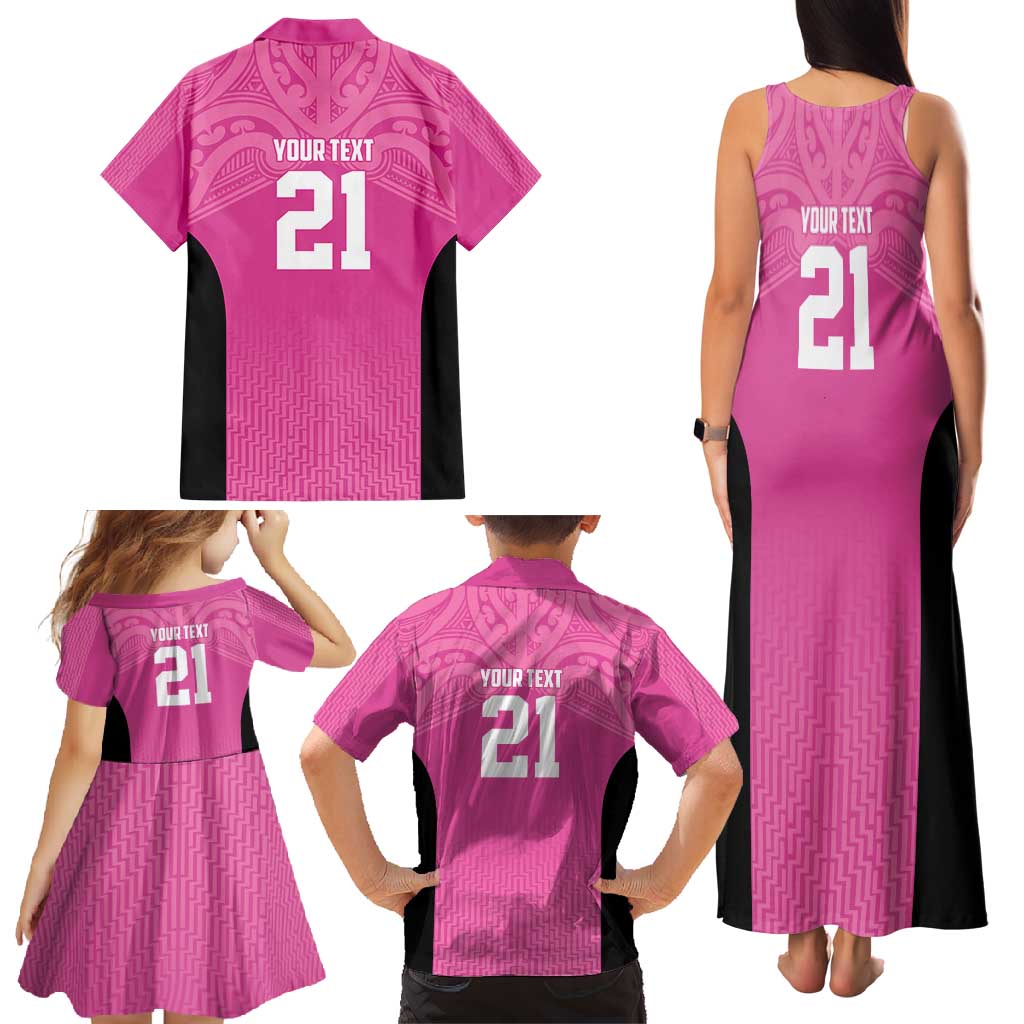New Zealand Custom Family Matching Tank Maxi Dress and Hawaiian Shirt Fire Basketball Maori Tribal Pink - Polynesian Pride