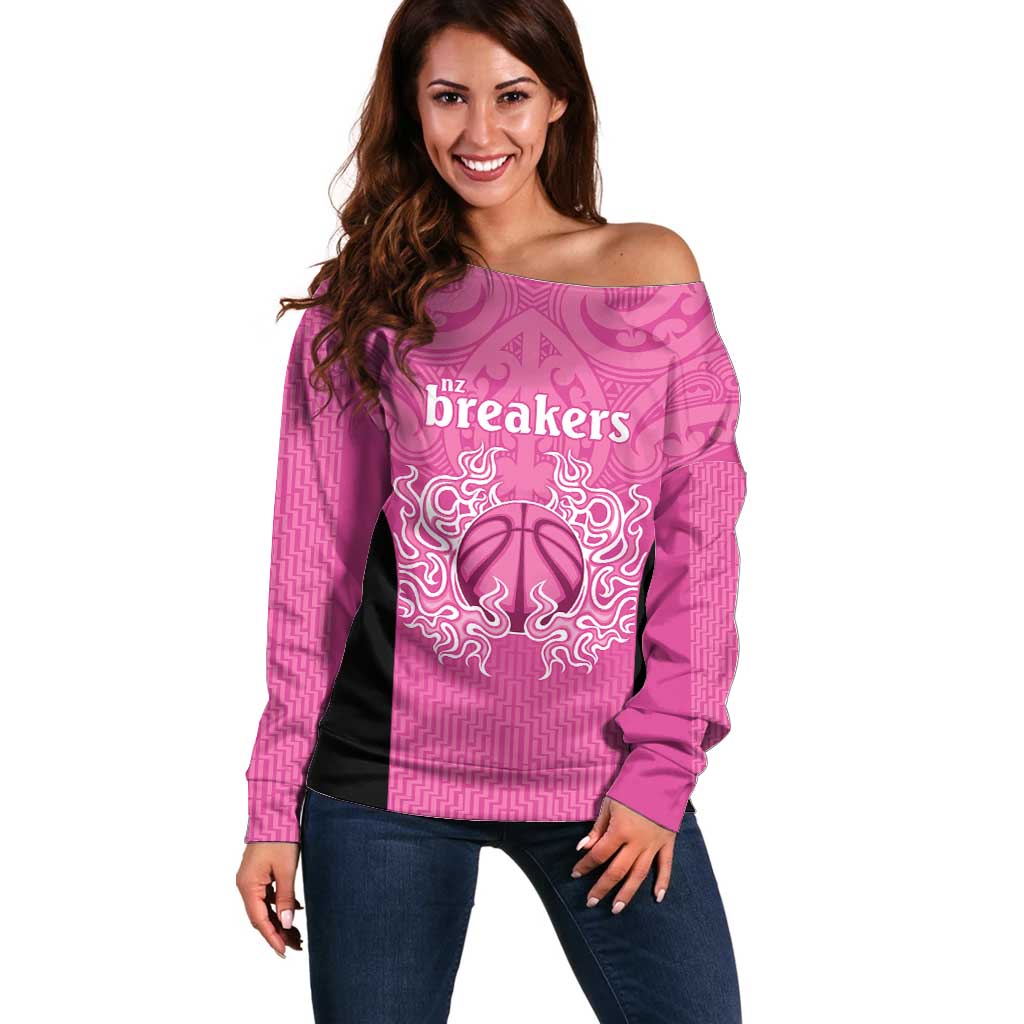 New Zealand Custom Off Shoulder Sweater Fire Basketball Maori Tribal Pink - Polynesian Pride