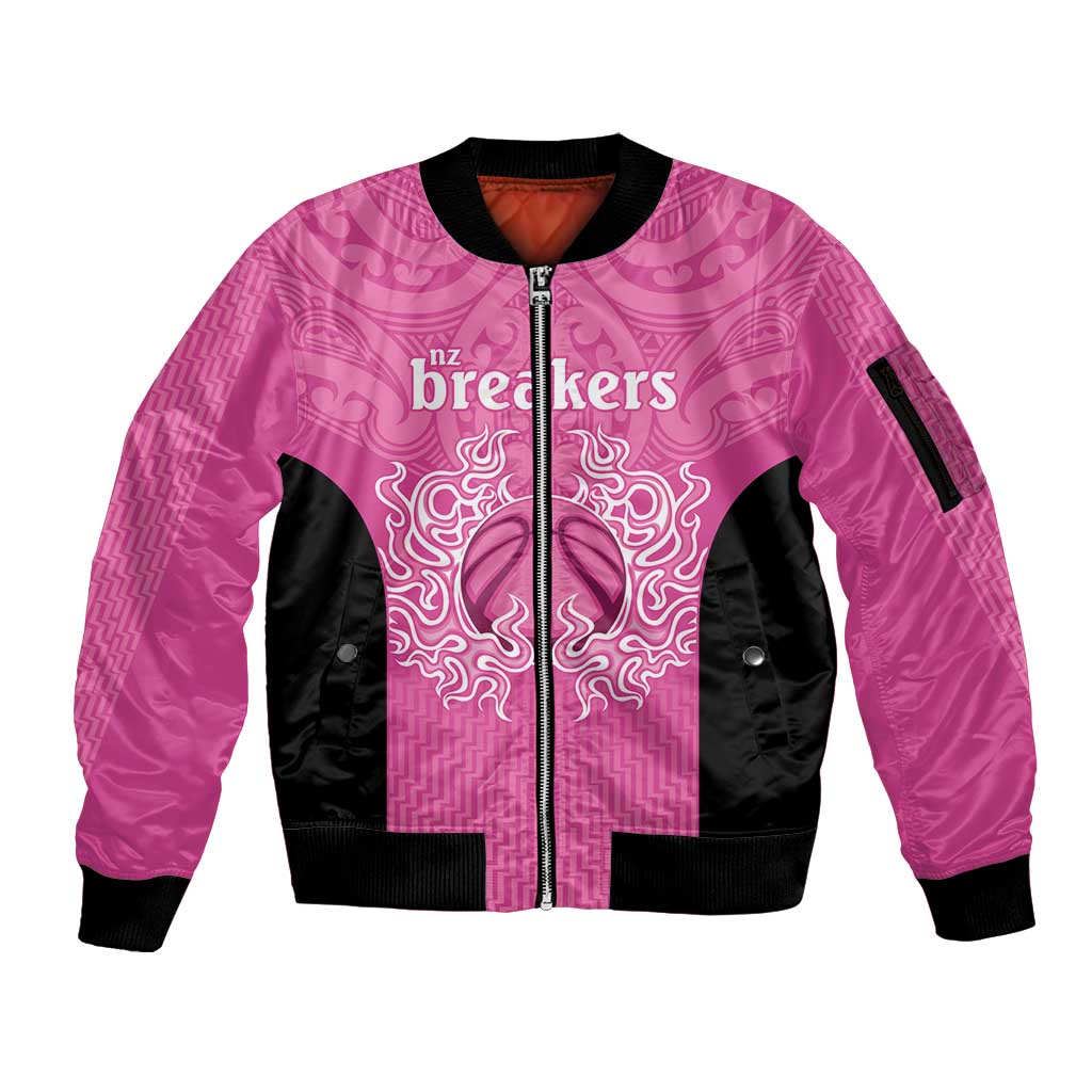 New Zealand Custom Sleeve Zip Bomber Jacket Fire Basketball Maori Tribal Pink - Polynesian Pride