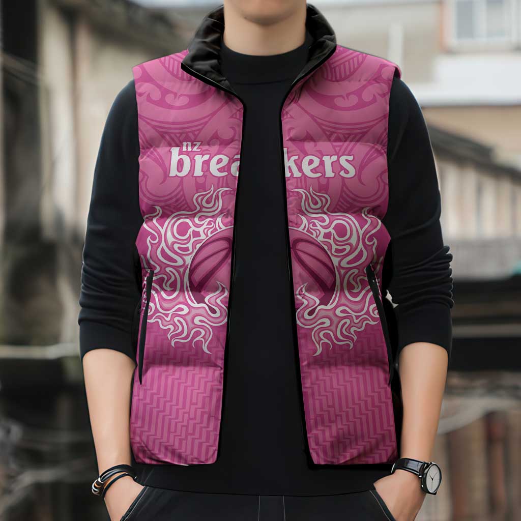 New Zealand Custom Sleeveless Puffer Jacket Fire Basketball Maori Tribal Pink - Polynesian Pride
