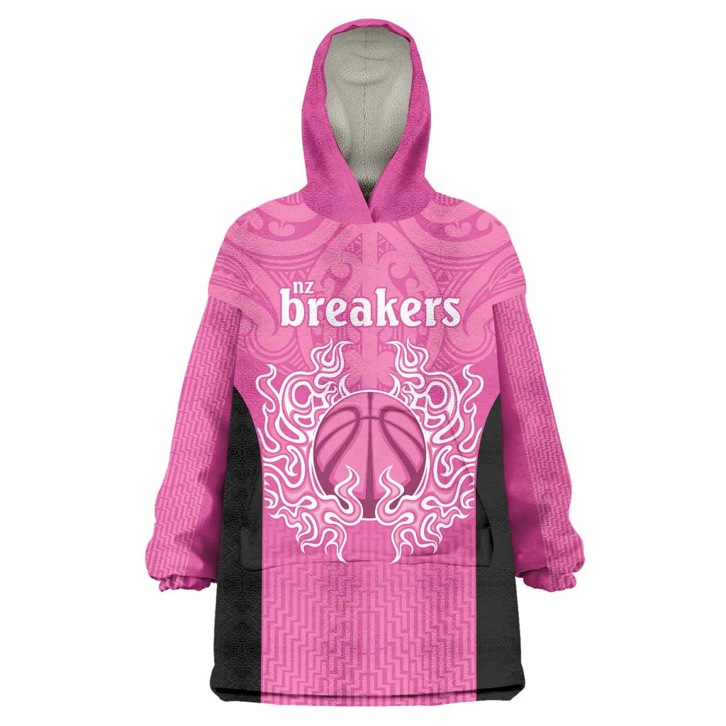 New Zealand Custom Wearable Blanket Hoodie Fire Basketball Maori Tribal Pink - Polynesian Pride