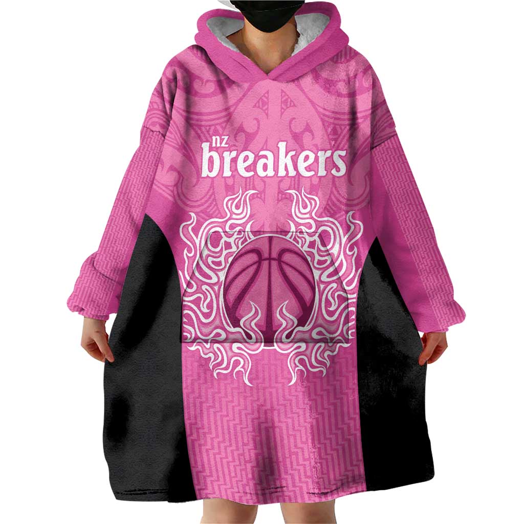 New Zealand Custom Wearable Blanket Hoodie Fire Basketball Maori Tribal Pink - Polynesian Pride