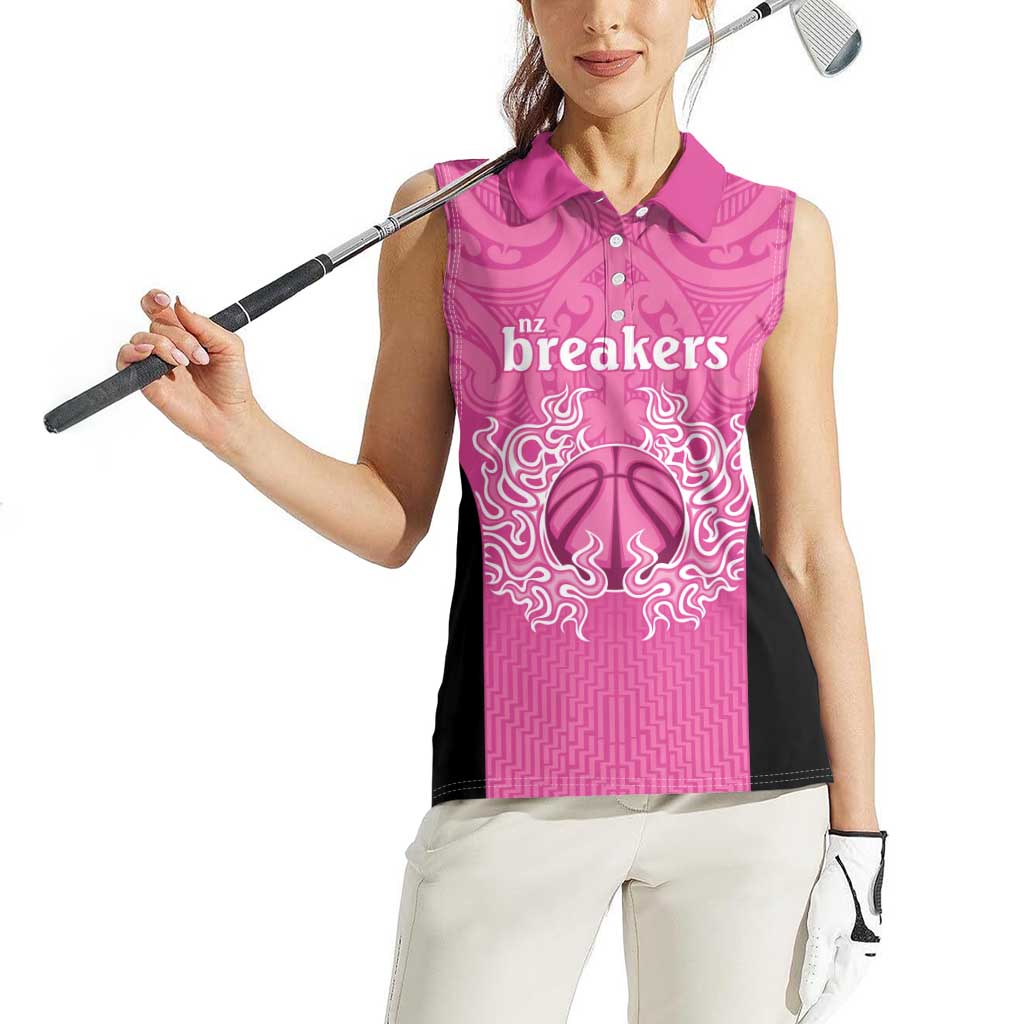 New Zealand Custom Women Sleeveless Polo Shirt Fire Basketball Maori Tribal Pink LT9 - Polynesian Pride
