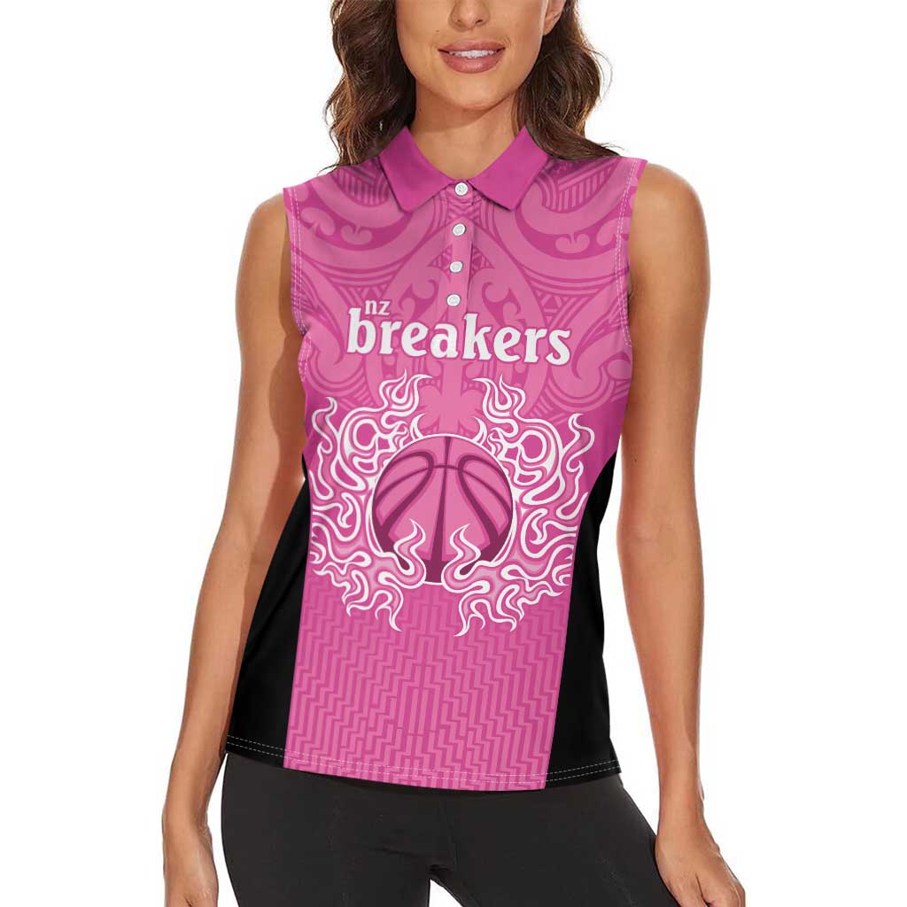 New Zealand Custom Women Sleeveless Polo Shirt Fire Basketball Maori Tribal Pink LT9 - Polynesian Pride