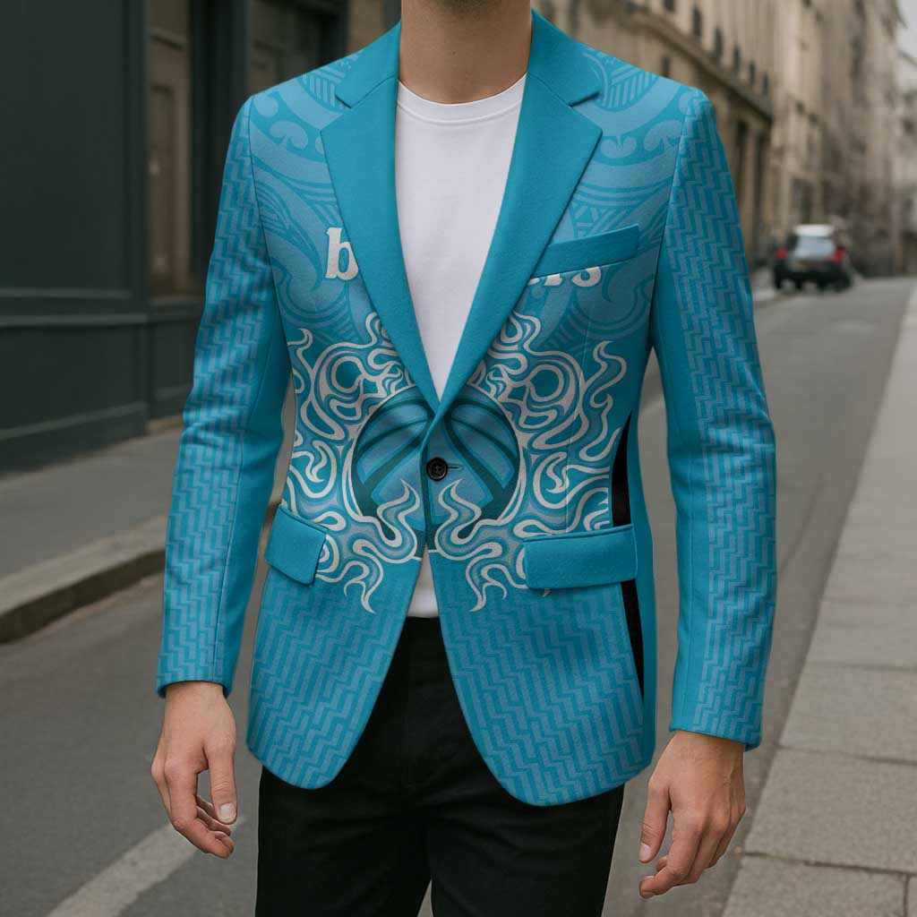 New Zealand Custom Blazer Fire Basketball Maori Tribal Sky Blue - Polynesian Pride