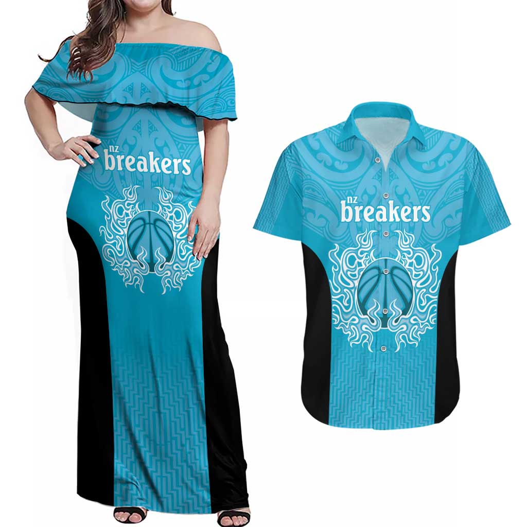 New Zealand Custom Couples Matching Off Shoulder Maxi Dress and Hawaiian Shirt Fire Basketball Maori Tribal Sky Blue - Polynesian Pride