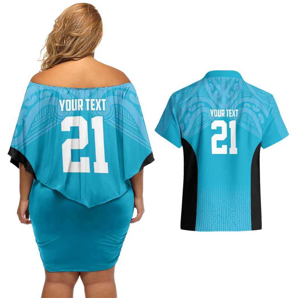 New Zealand Custom Couples Matching Off Shoulder Short Dress and Hawaiian Shirt Fire Basketball Maori Tribal Sky Blue - Polynesian Pride