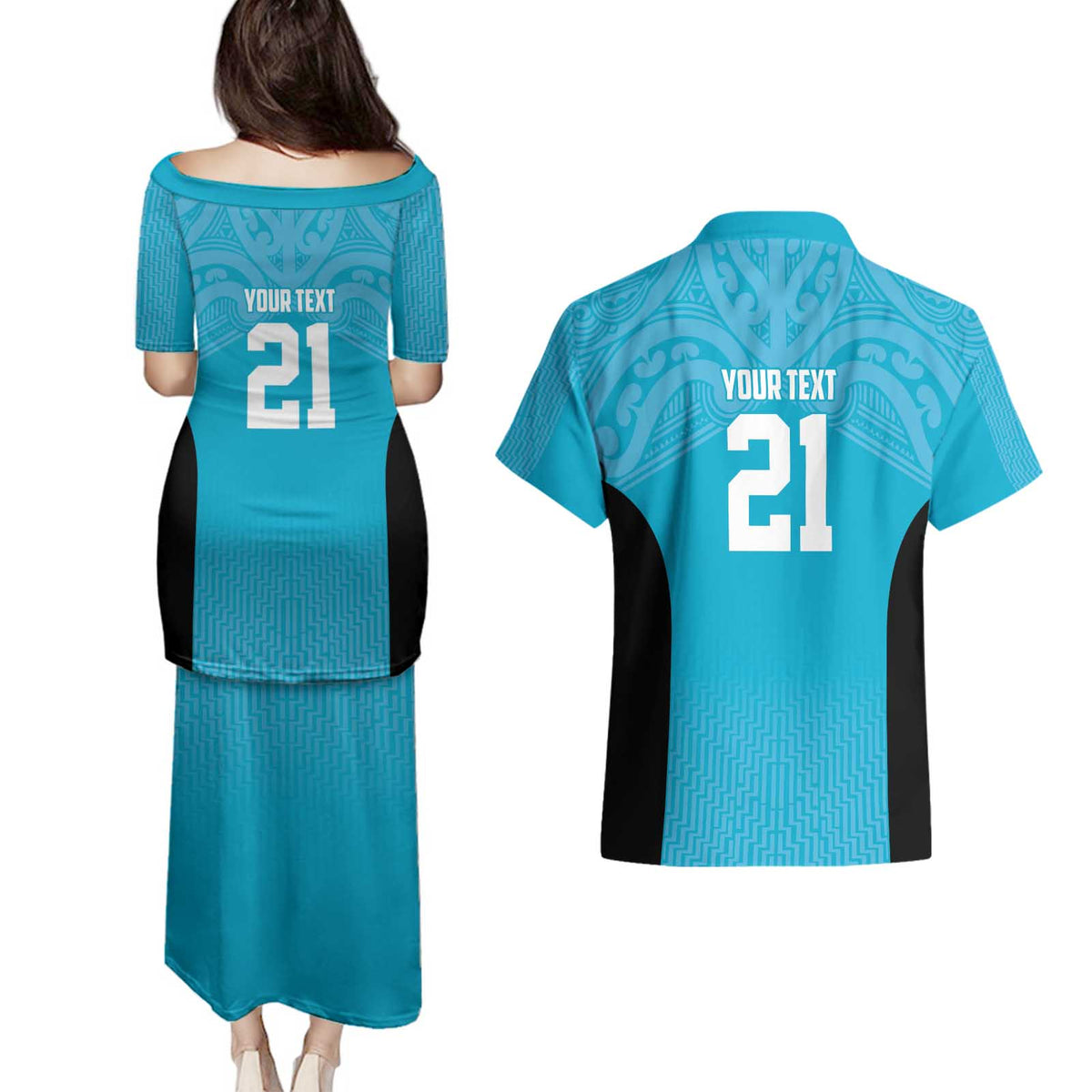 New Zealand Custom Couples Matching Puletasi and Hawaiian Shirt Fire Basketball Maori Tribal Sky Blue - Polynesian Pride