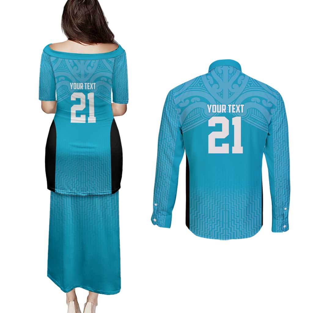 New Zealand Custom Couples Matching Puletasi and Long Sleeve Button Shirt Fire Basketball Maori Tribal Sky Blue - Polynesian Pride